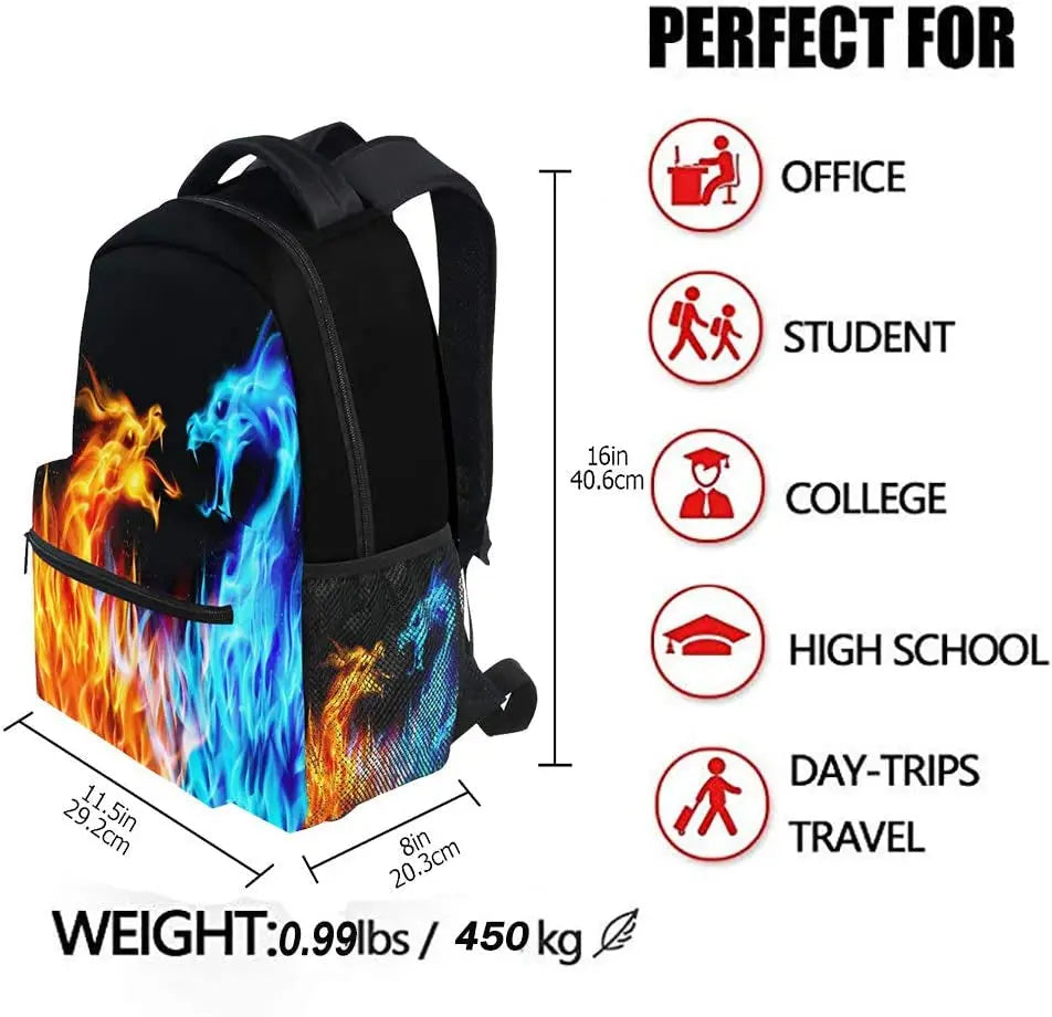 Red Blue Fire Dragon School Backpack Galaxy Teens Girls Boys Kids Bookbag, Animal Water Resistant Elementary Travel Computer Daypack for Age 4-12 Years