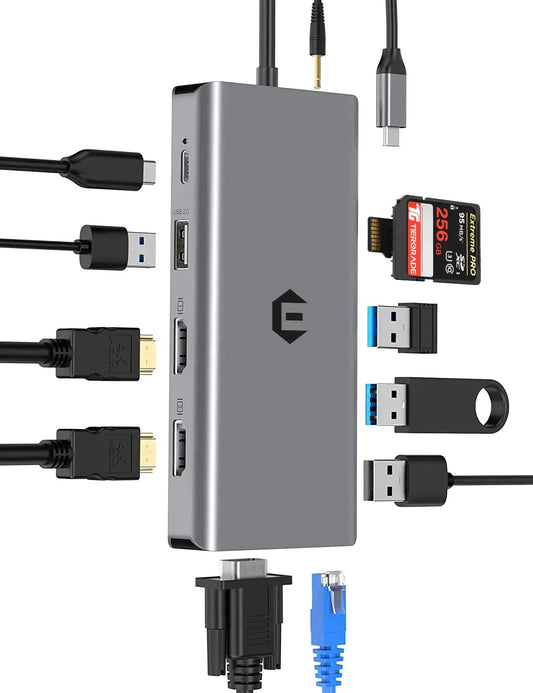 12-in-1 USB-C Hub Dock – Dual 4K HDMI, VGA, USB, SD, PD, Ethernet