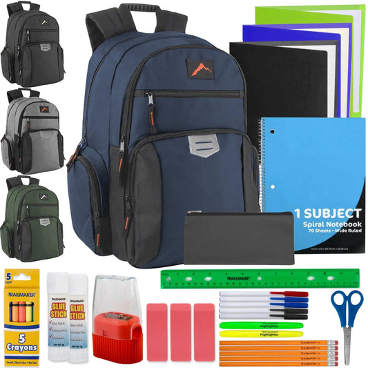 18-Inch Reflective Multi Pocket Backpack with Laptop Section with 30-Piece School Supply Kit - 4 Colors