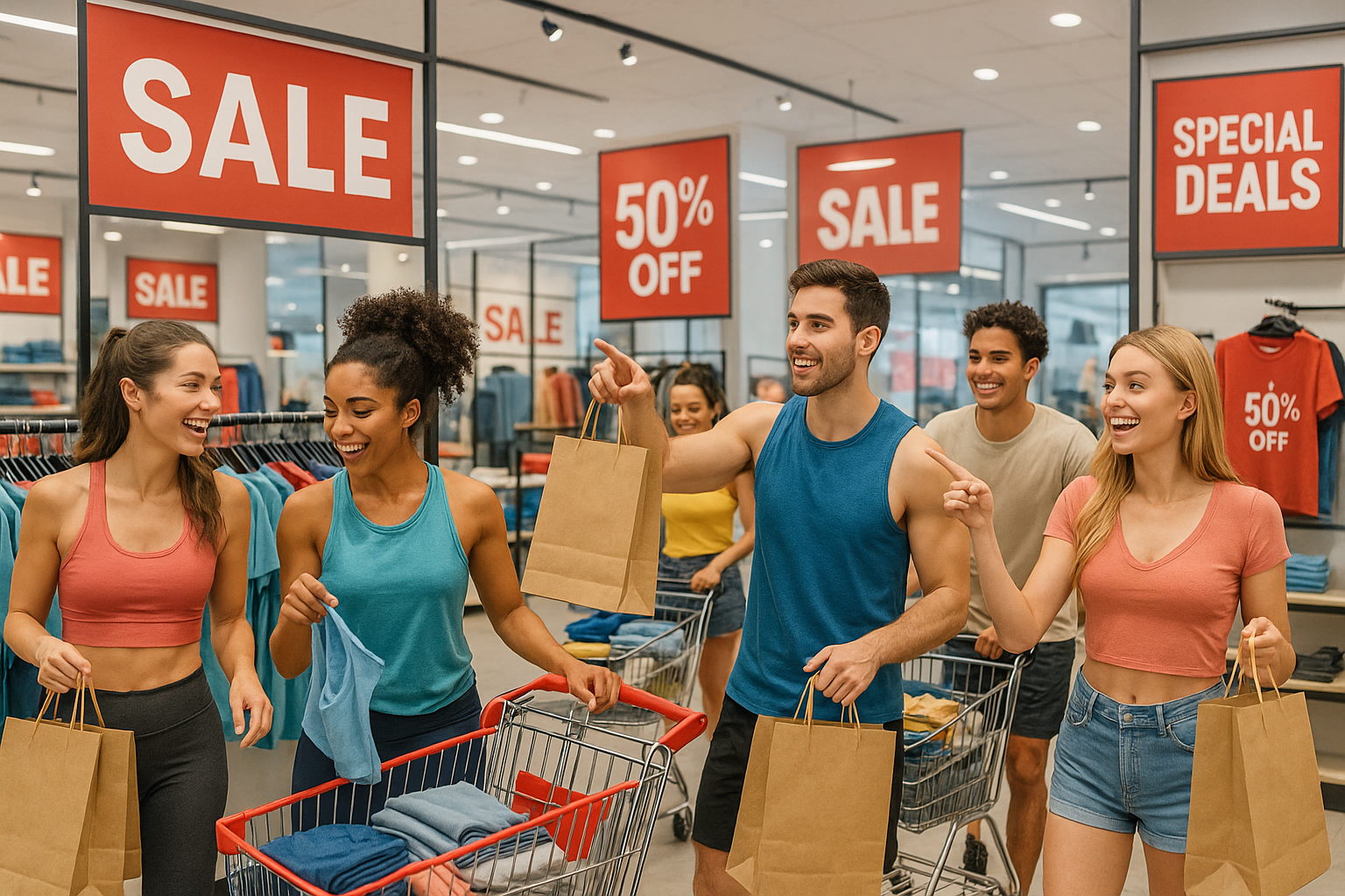 Make me another imagine similar to my front store but with young and fit people shopping for special deals and discounts 